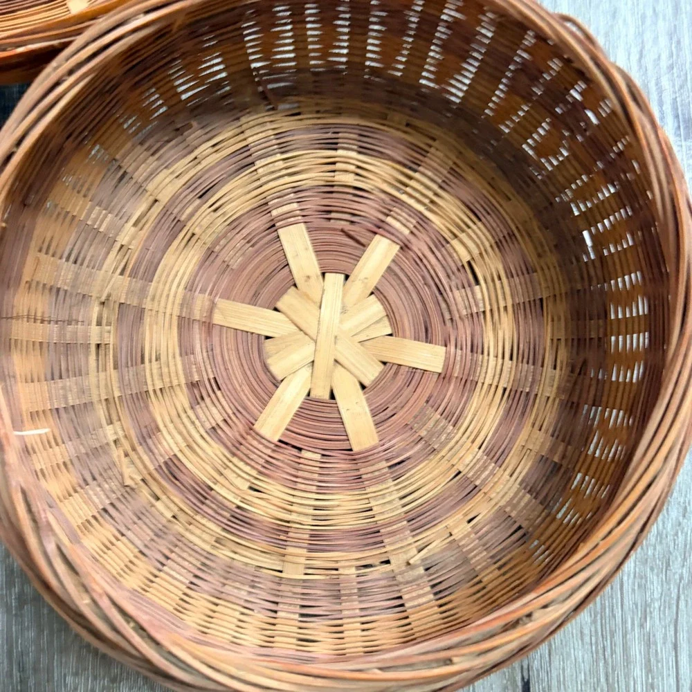 Vintage Handwoven Round Wicker Basket with Lid Brown Tan Boho Storage 8 Inch